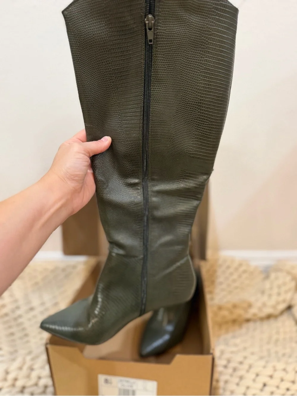 Journee collection Estrella tall boot Olive Textured Knee-High Pointed-Toe Boots